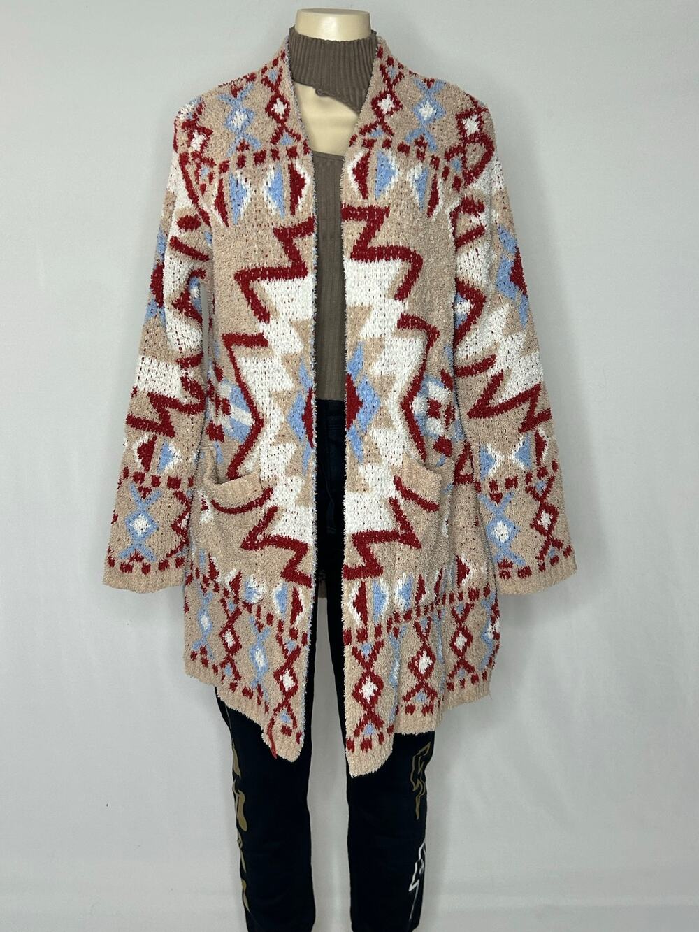 Savanna Jane Large Southwestern Aztec Long Open Front Cardigan Boho Duster